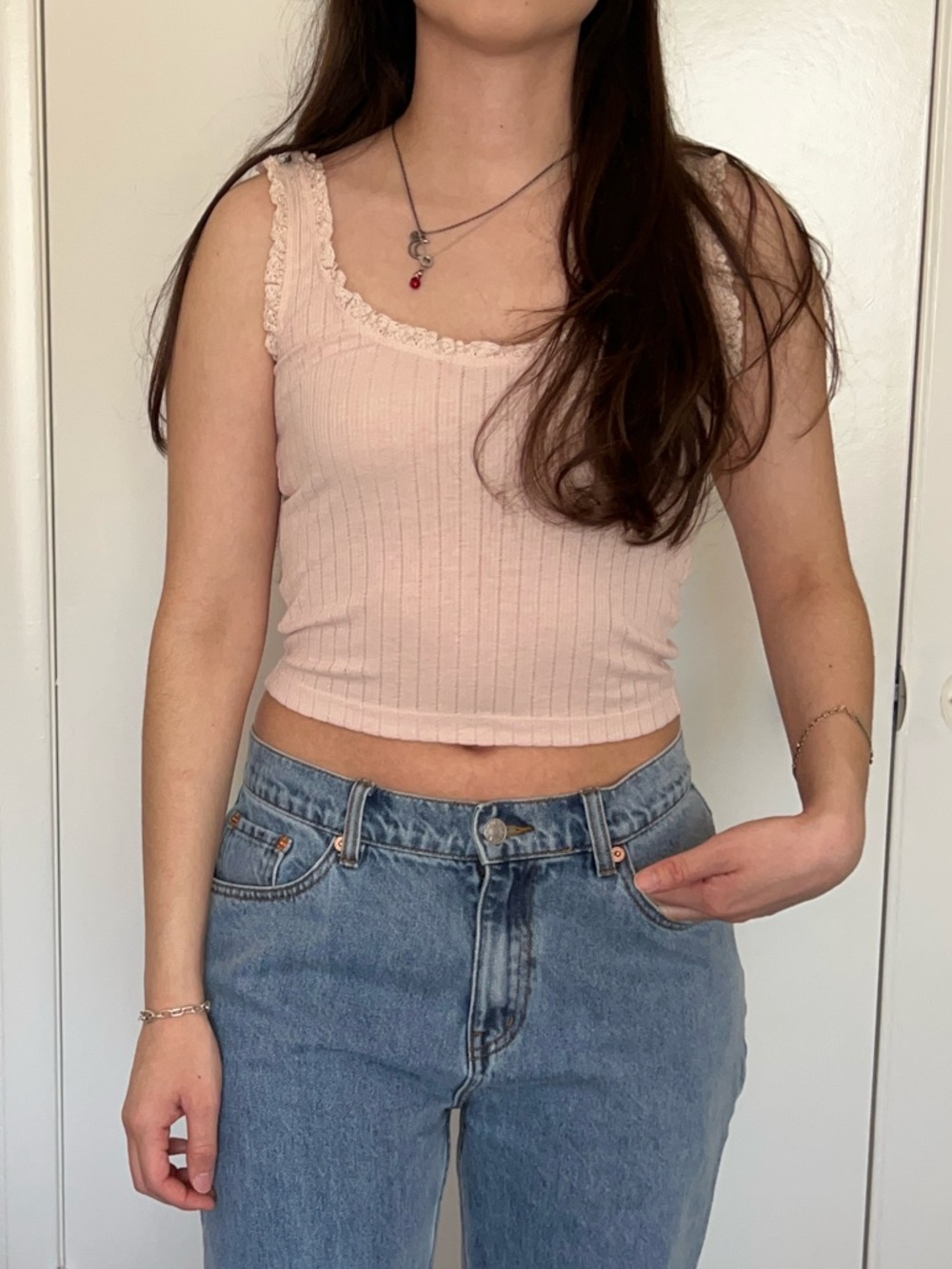 Forever 21 Pale Blush Ribbed Lace-Trim Tank